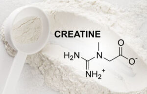Image of powder Creatine with a scoop and the molecular formula