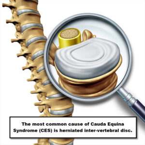 Illustration of vertebral disc showingf the most common cause of Cauda Equina Syndrome CES. JOI Rehab