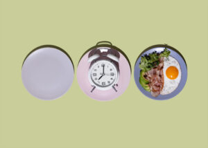3 plates showing food a clock and an empty plate. JOI Rehab