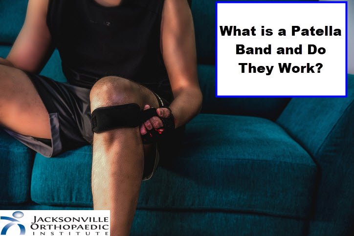 Man on a blue couch putting on a Patella Band. JOI Rehab